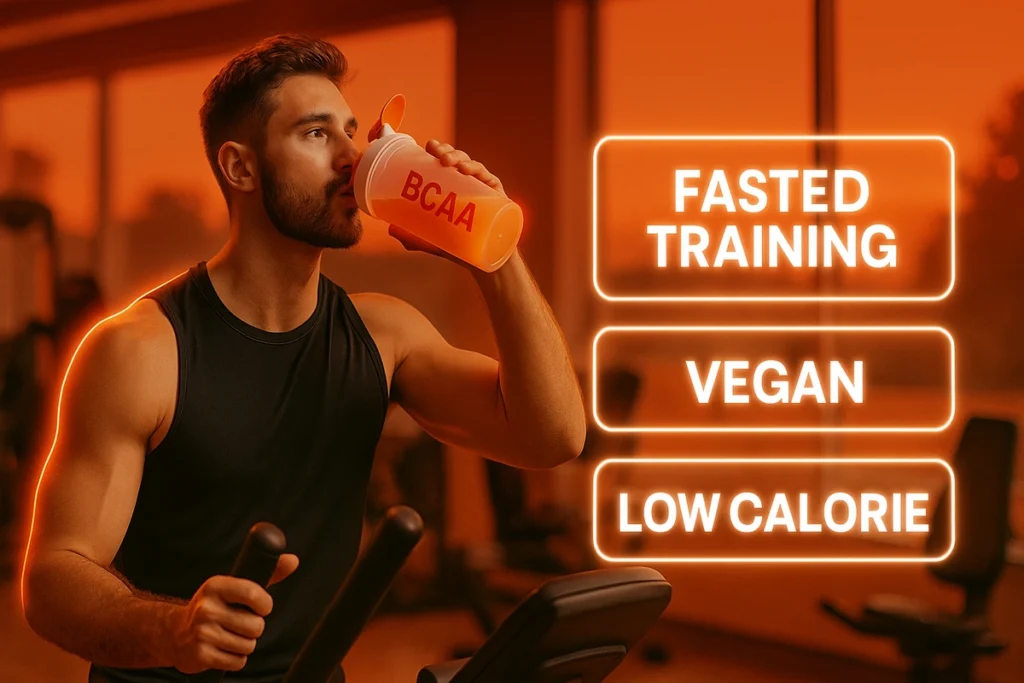 Athlete drinking BCAAs during fasted cardio with labels: fasted training, vegan, low calorie