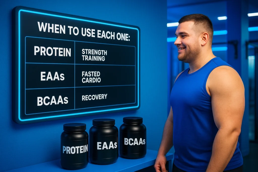 visual schedule showing best time to use EAAs BCAAs and protein