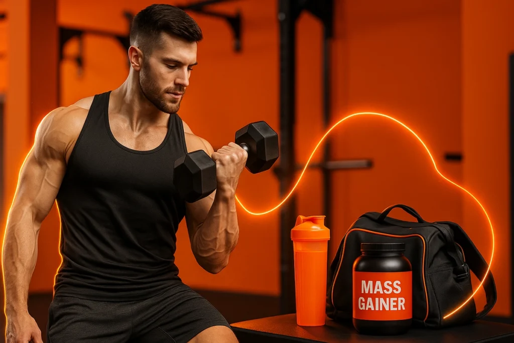 Lean athlete lifting weights with mass gainer supplement visible