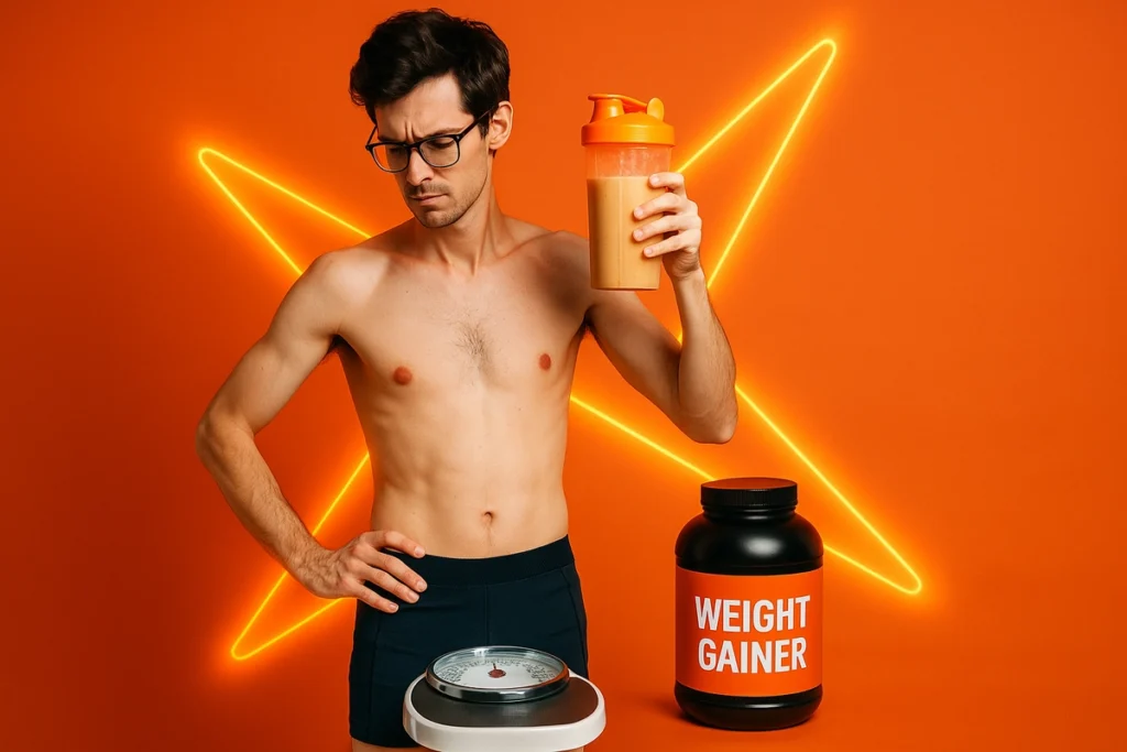 Ectomorph holding a weight gainer shake aiming for bulk weight gain