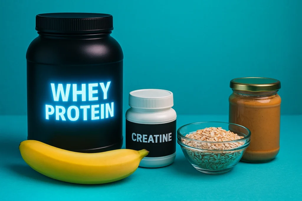 Muscle-building supplement stack with whey protein, creatine, and carbs for skinny guys