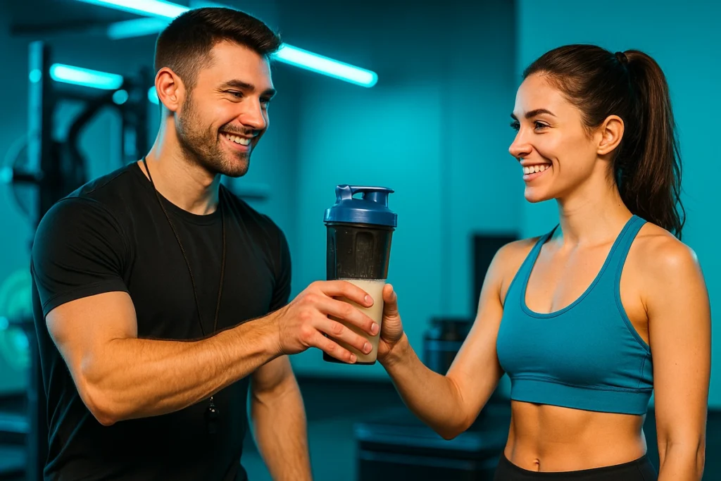 fitness trainer handing whey protein shake to client after workout in gym