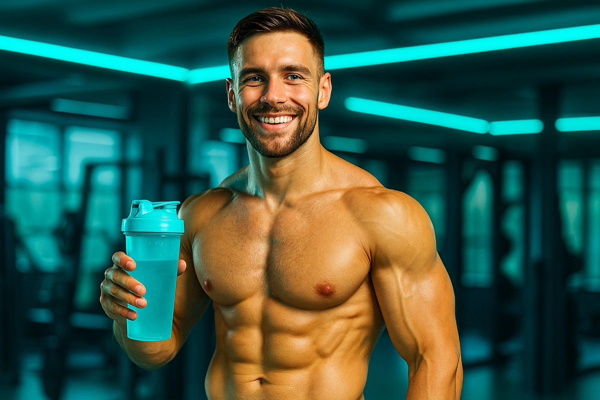 athlete holding protein shaker after workout in gym