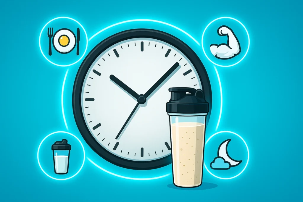 Visual clock showing best times to drink whey protein for muscle growth