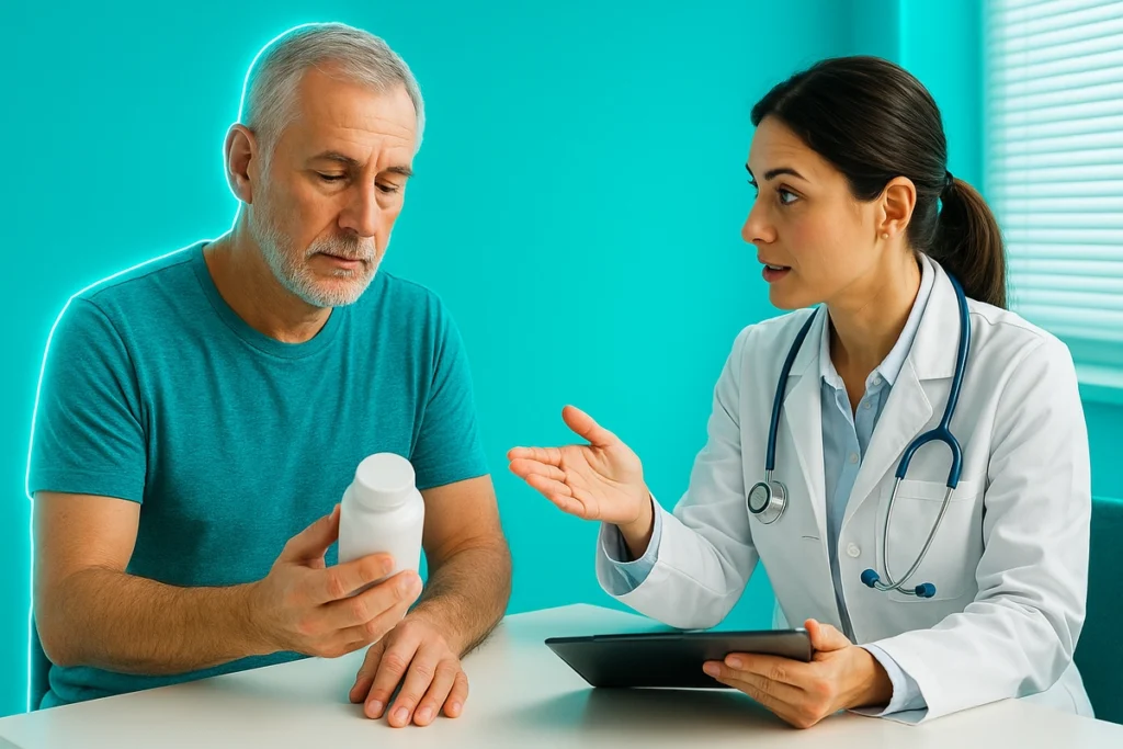 doctor advising man about whey protein use for health conditions