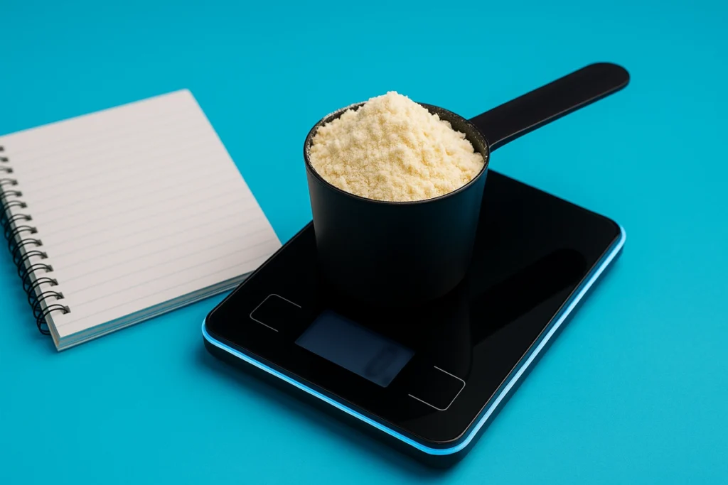 Scoop of whey protein on scale showing ideal grams per kg for muscle growth
