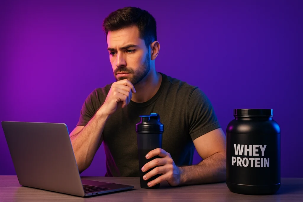 Man researching whey protein FAQs on laptop with shaker in hand
