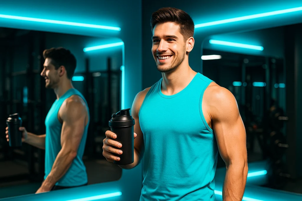 gym athlete with shaker smiling at mirror after consistent daily whey protein use