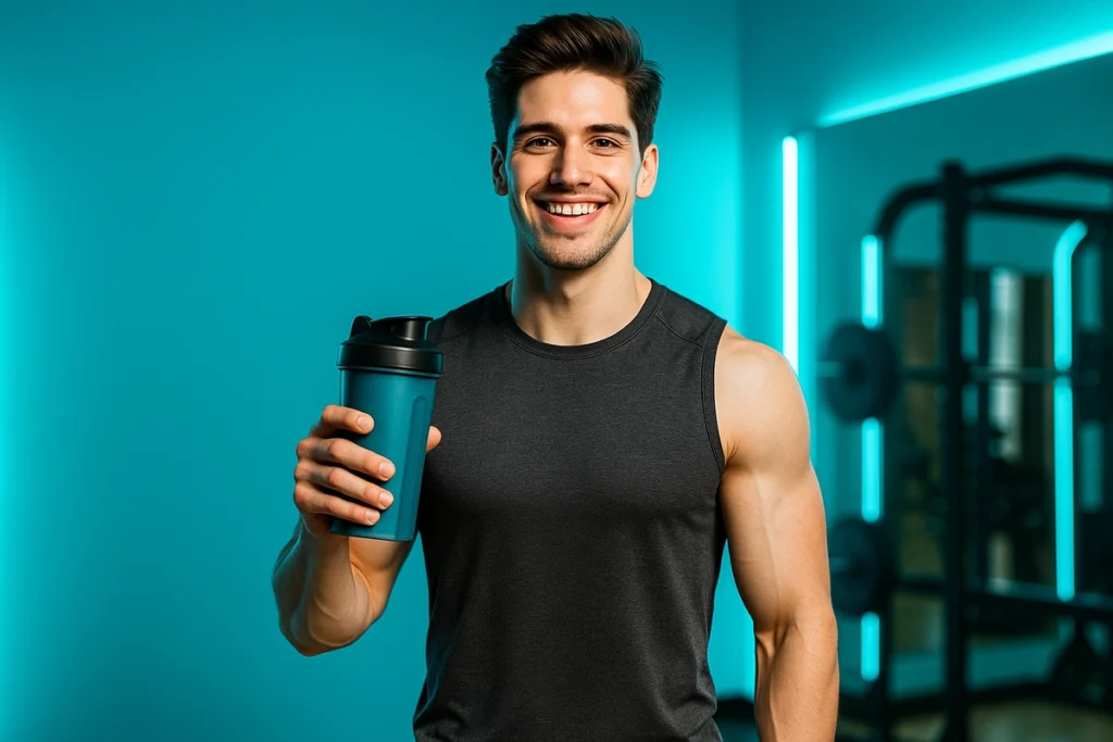 Skinny guy confidently using whey protein to gain muscle mass in gym