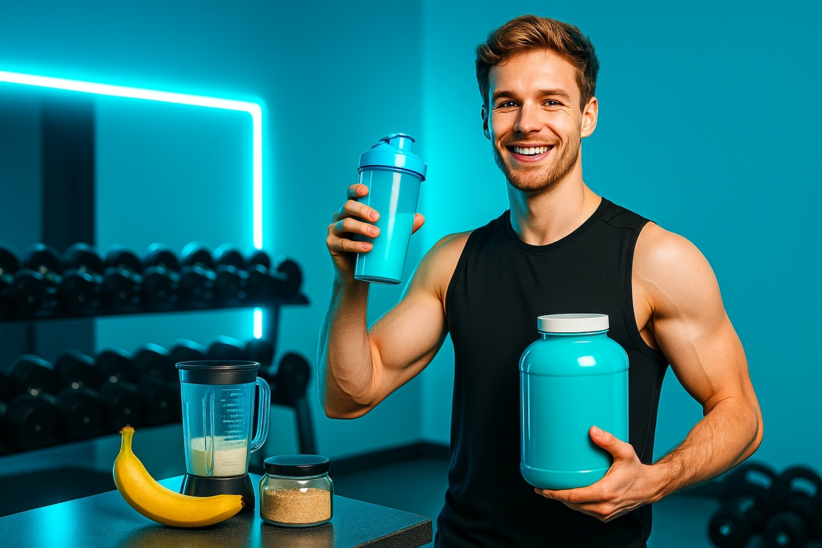 Skinny man gaining muscle using whey protein in gym with shaker