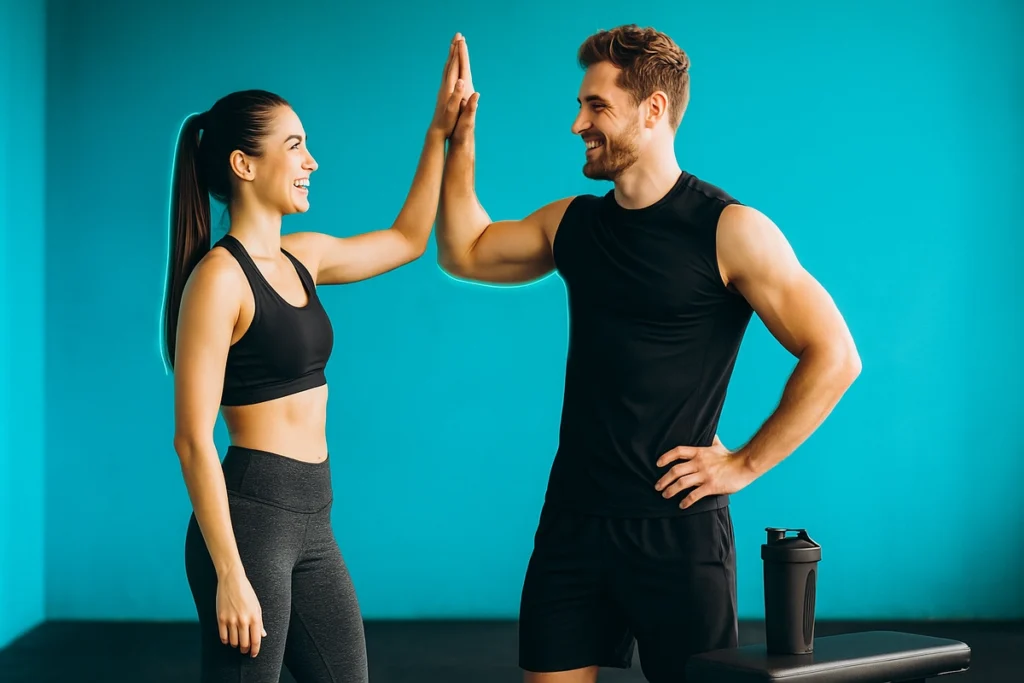 Fit man and woman celebrating progress using whey protein for muscle growth