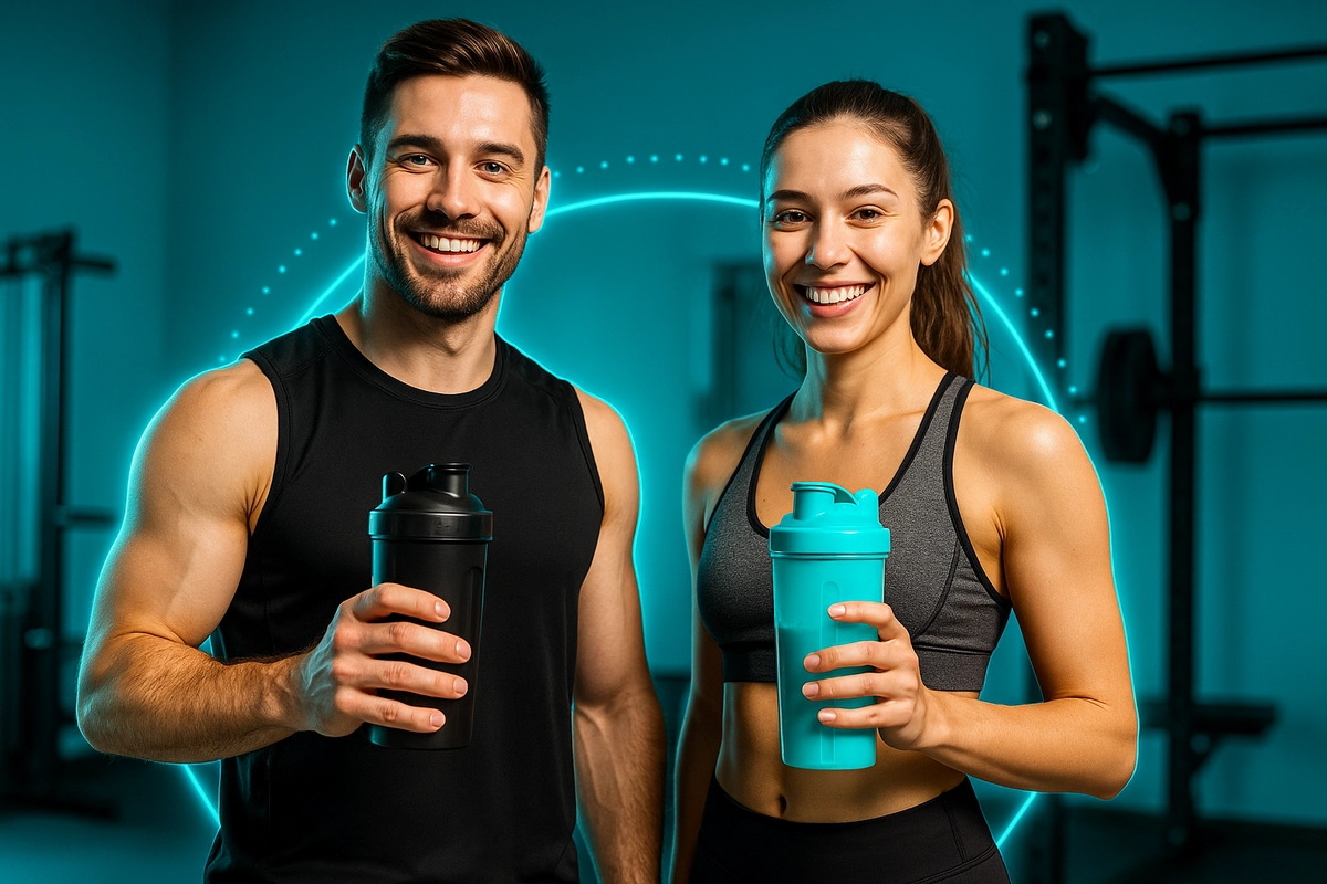 fit man and woman holding protein shakes post-workout with whey tub in gym background