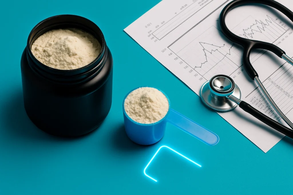 whey protein scoop next to health research papers showing supplement safety