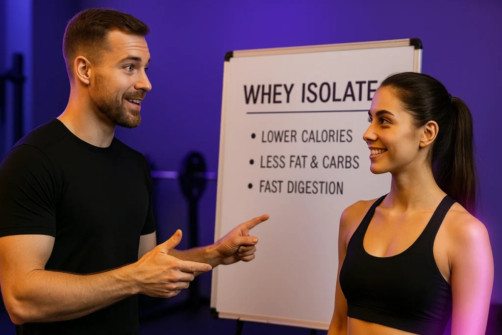 Fitness coach sharing whey protein tips for fat loss with a client