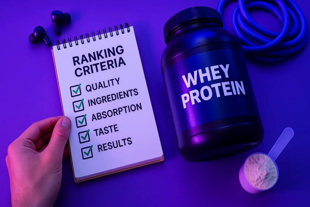 Whey protein ranking checklist for men including quality, taste, and results
