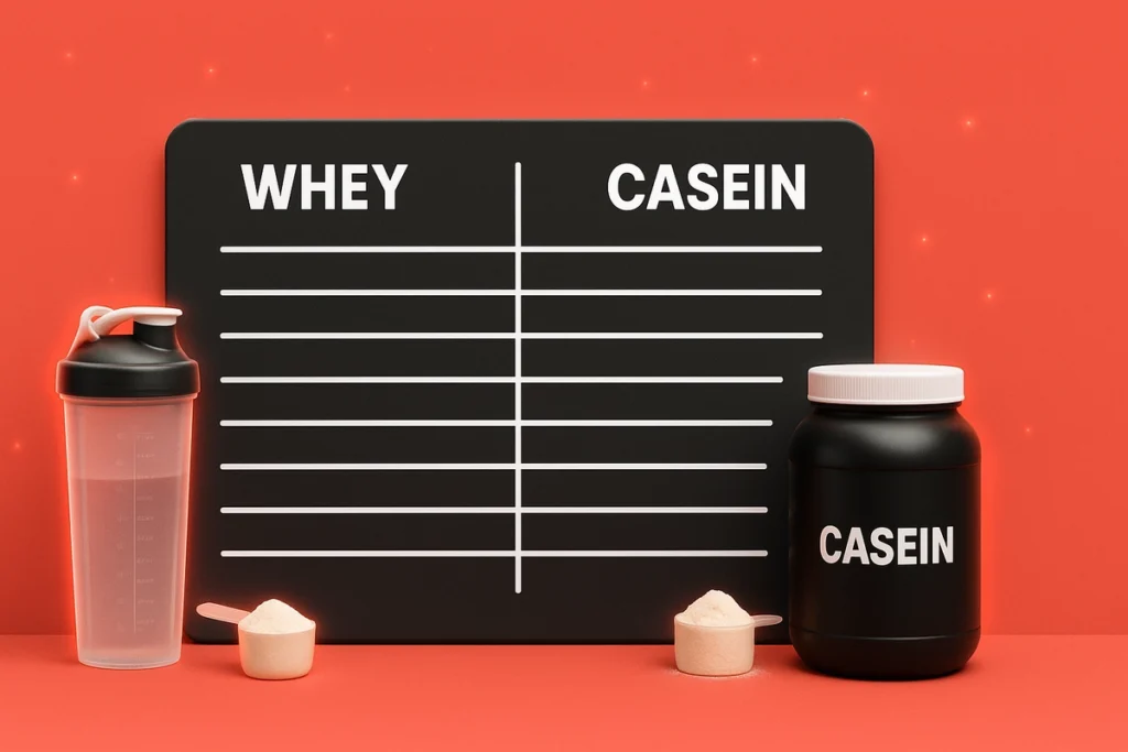 Side-by-side chart comparing whey isolate and casein protein features