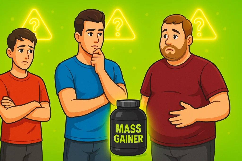 Various body types evaluating a mass gainer product with caution signs