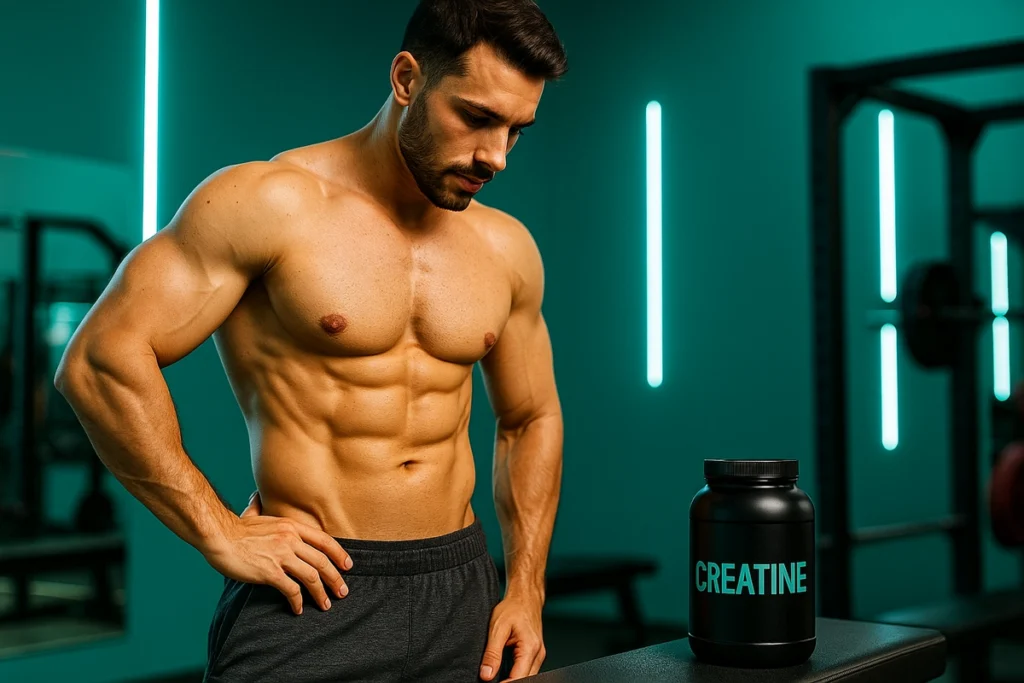Lean athlete in cutting phase assessing muscle tone while cycling creatine