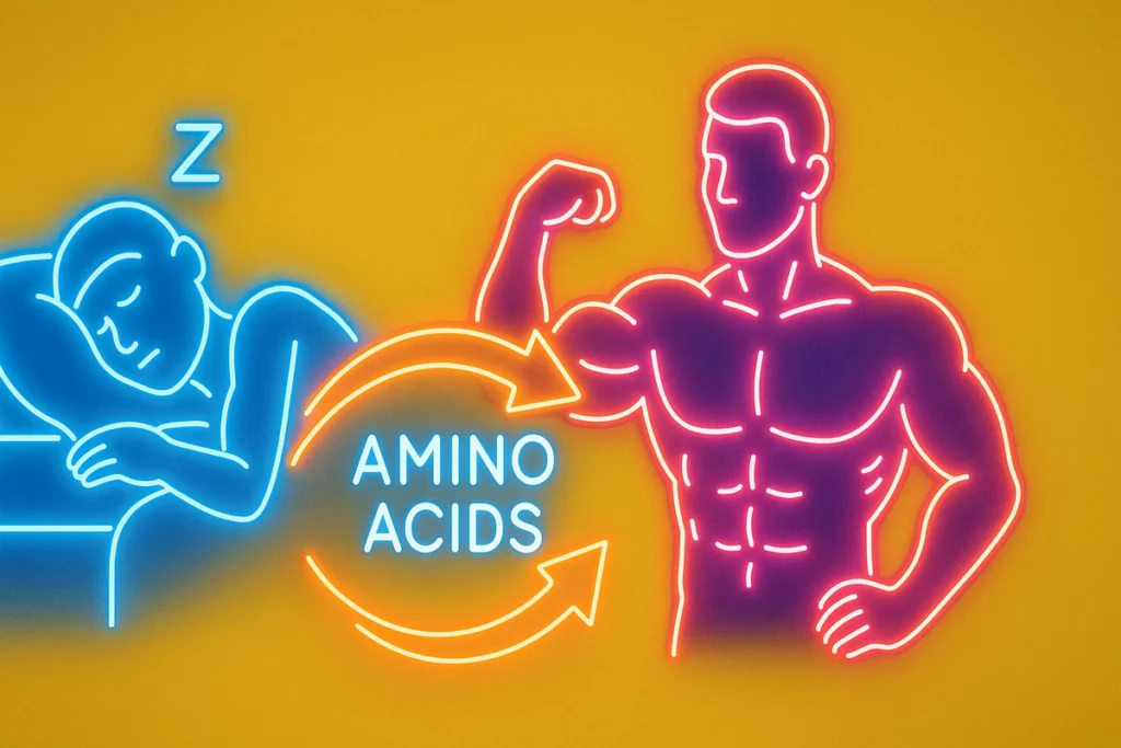 visual showing casein’s slow amino acid release during sleep for muscle preservation