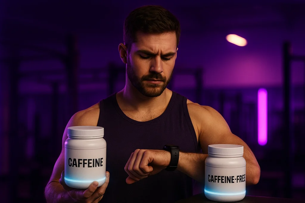 Fitness enthusiast deciding between caffeinated and non-caffeinated supplements before an evening gym session