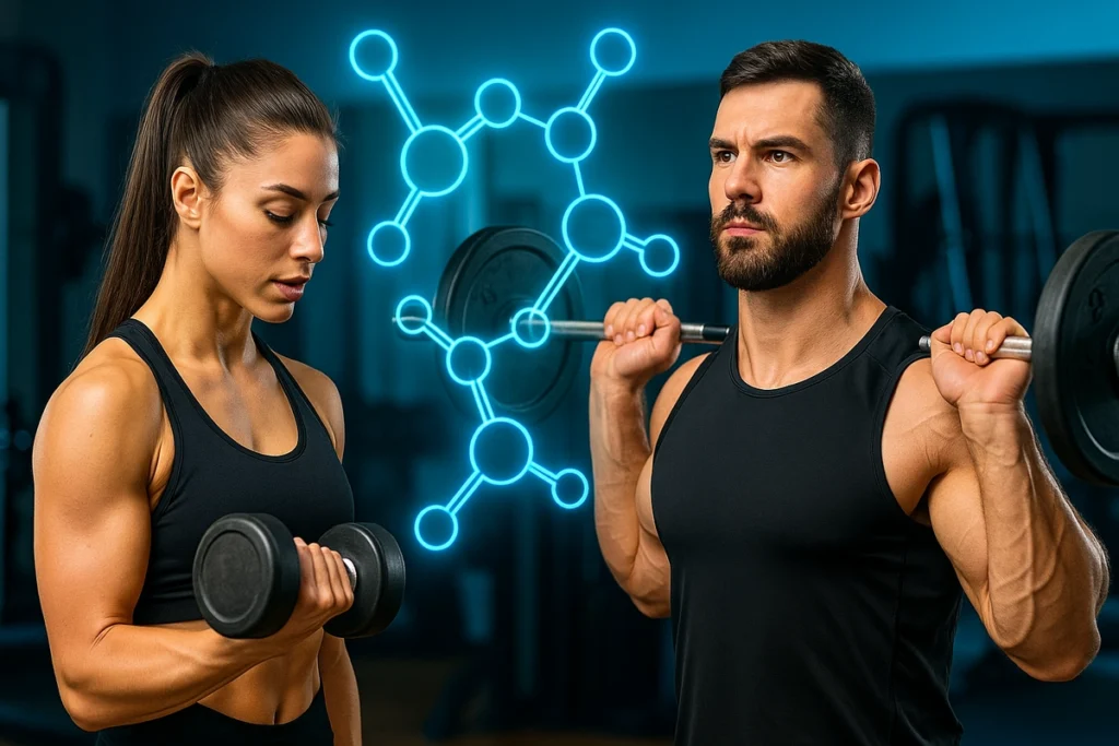 Lifters training hard with molecular amino acid graphic to show EAA benefits
