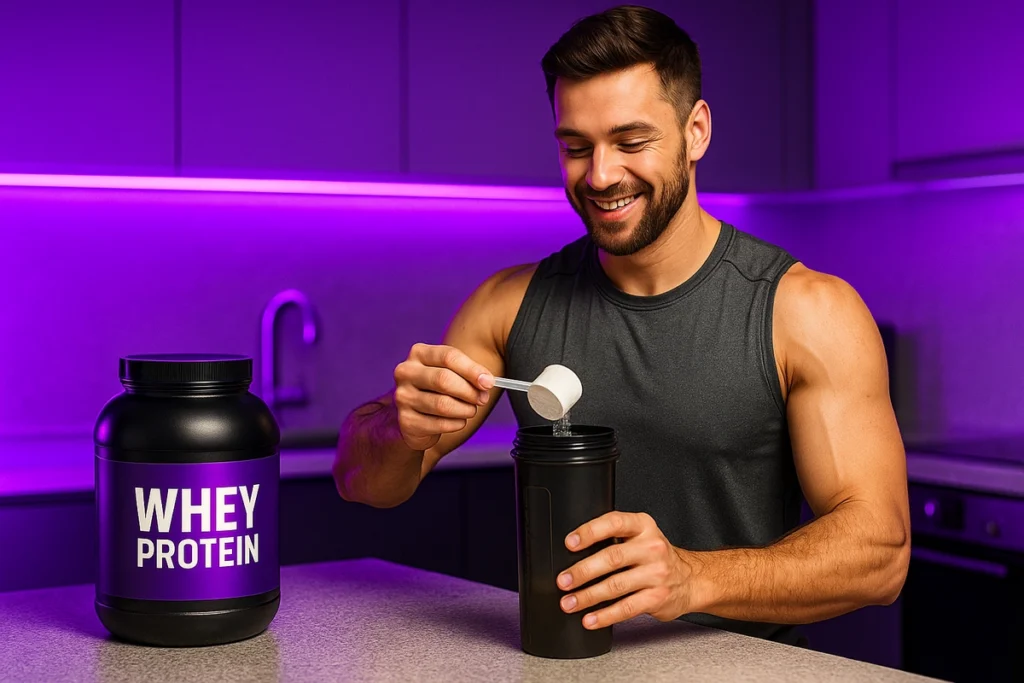 Man making whey protein shake after workout – benefits of whey for men