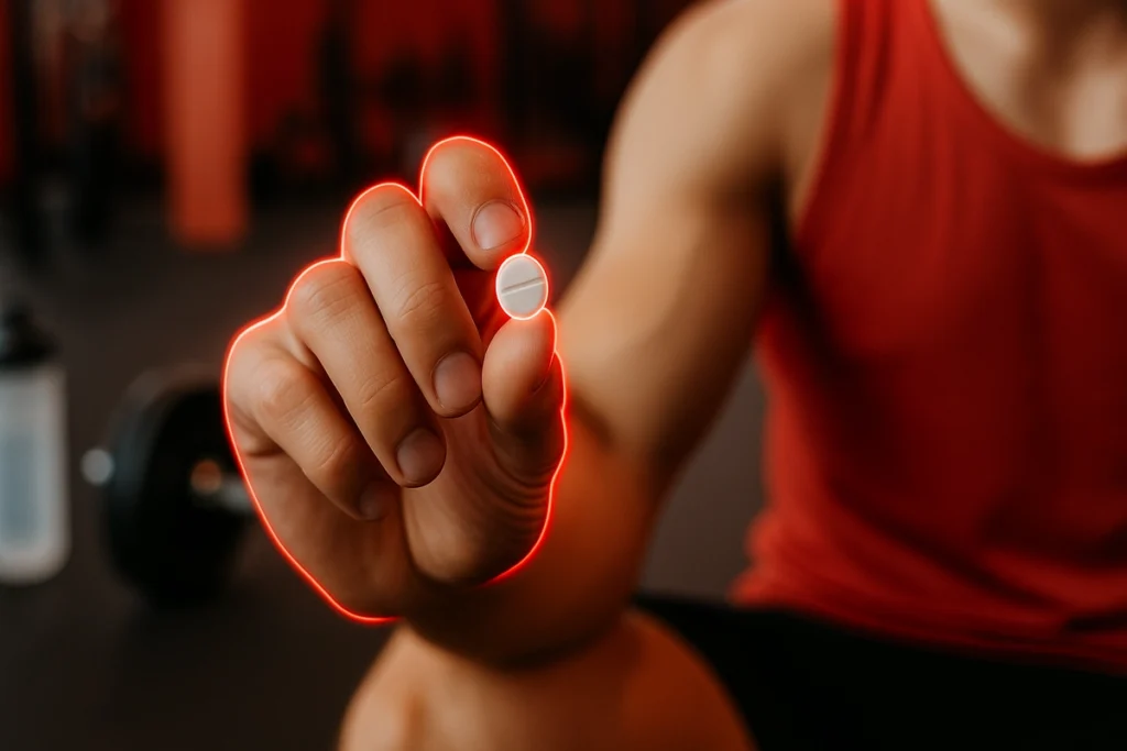 Hand holding caffeine pill in gym before workout