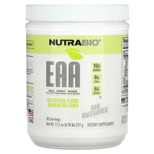 NutraBio EAA Pure essential amino acids supplement container showing clean label EAA powder with no fillers or artificial additives
