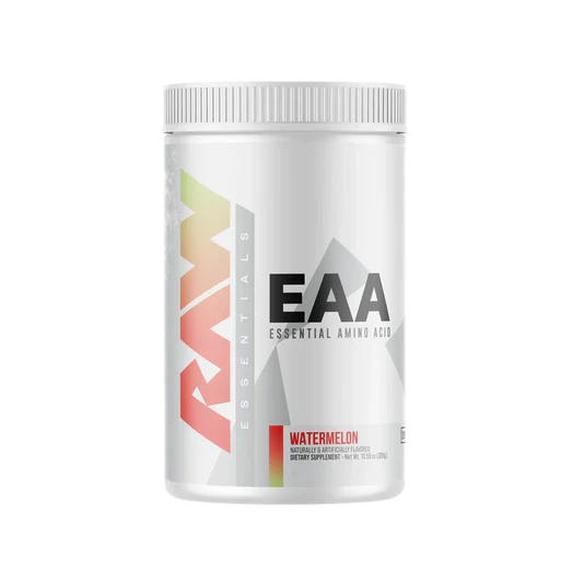 Raw Nutrition Essential EAA supplement container showing essential amino acids with fully disclosed dosing