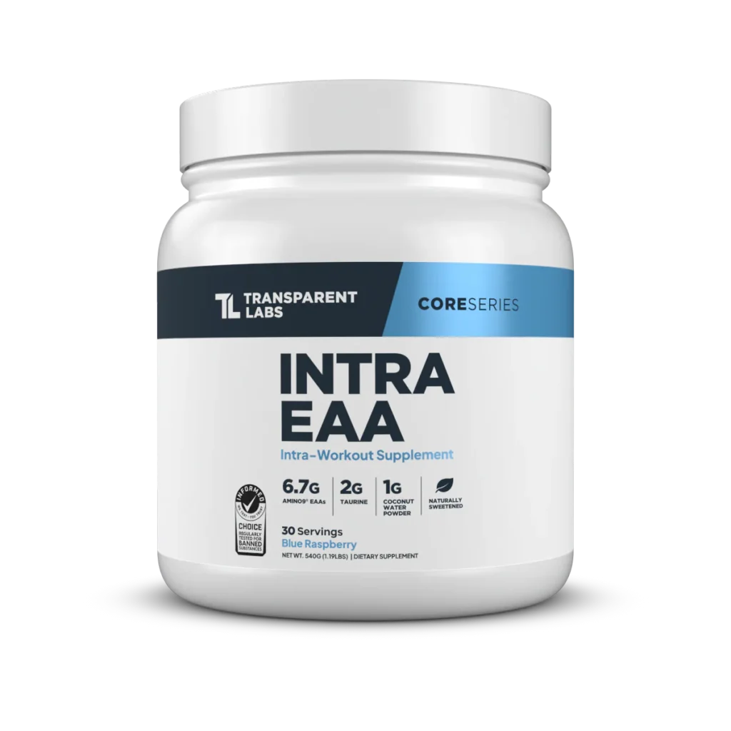 Transparent Labs Intra EAA supplement container showing clean EAA formula naturally sweetened with stevia and no artificial ingredients