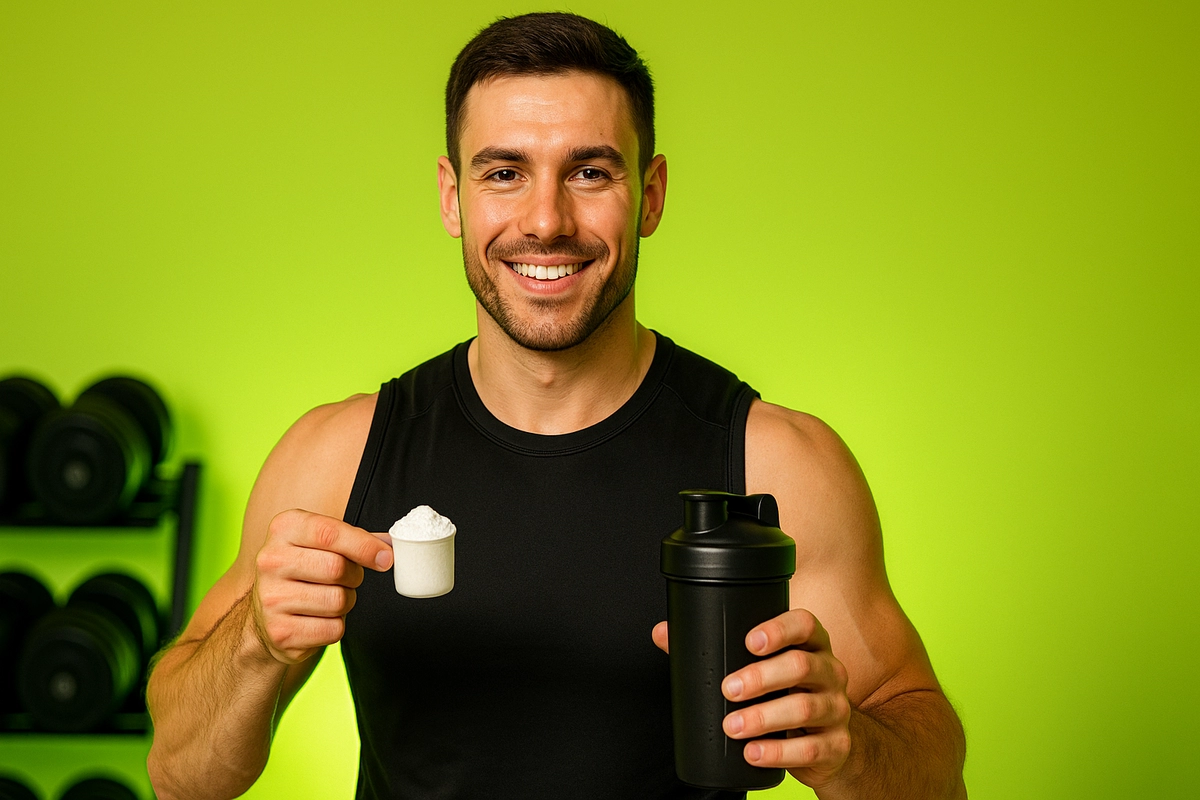 80kg male holding creatine scoop in gym setting for dosage guide