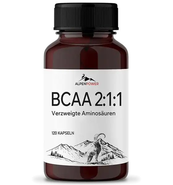AlpenPower BCAA 2:1:1 vegan capsules container, plant-based amino acid supplement for vegans