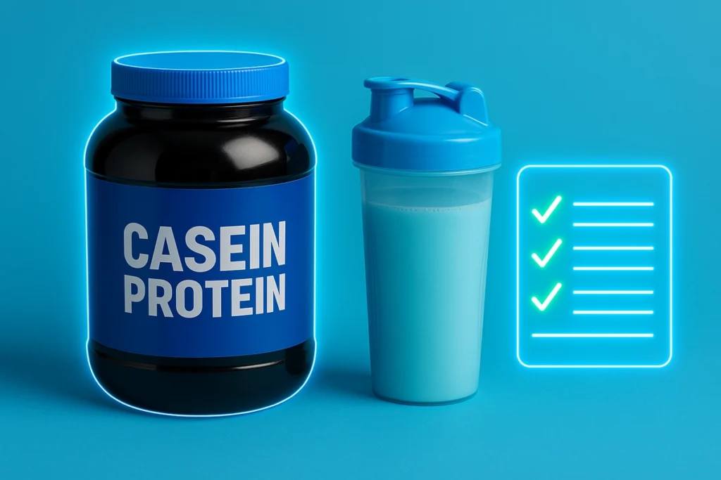 Casein shake with checklist for avoiding side effects like correct timing and dosage