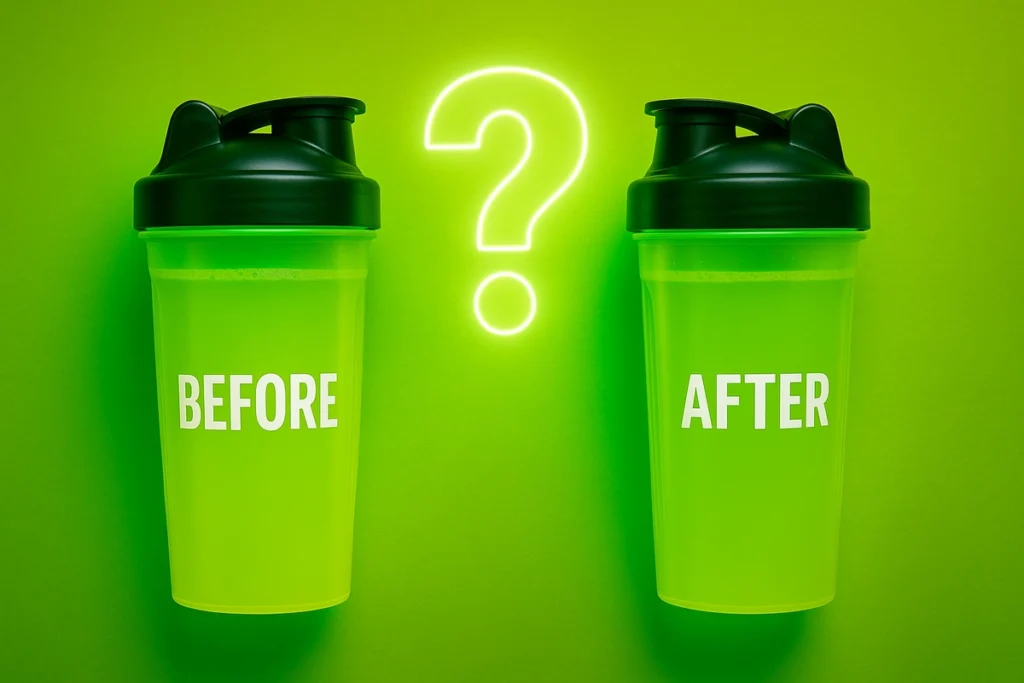 Visual choice of taking BCAAs before and after workout with dual shaker bottles
