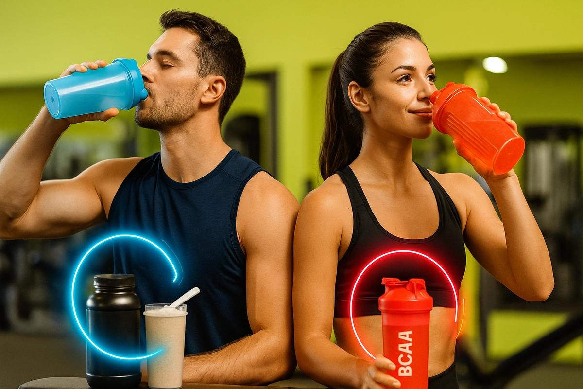 BCAA supplement timing before and after workout with male and female athletes in gym