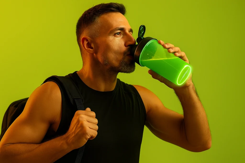 Athlete drinking BCAA before workout for energy and endurance benefits