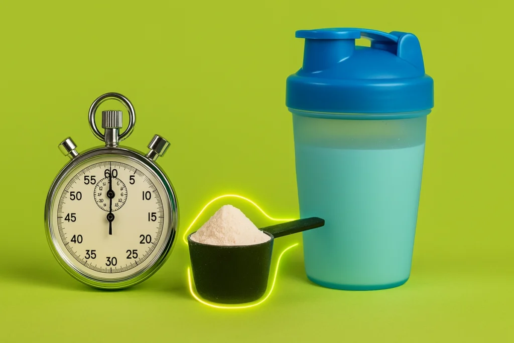 Stopwatch and BCAA scoop showing best time to take BCAAs for workout results