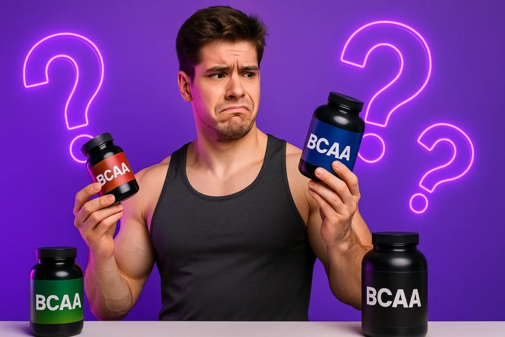 Confused athlete holding multiple BCAA bottles