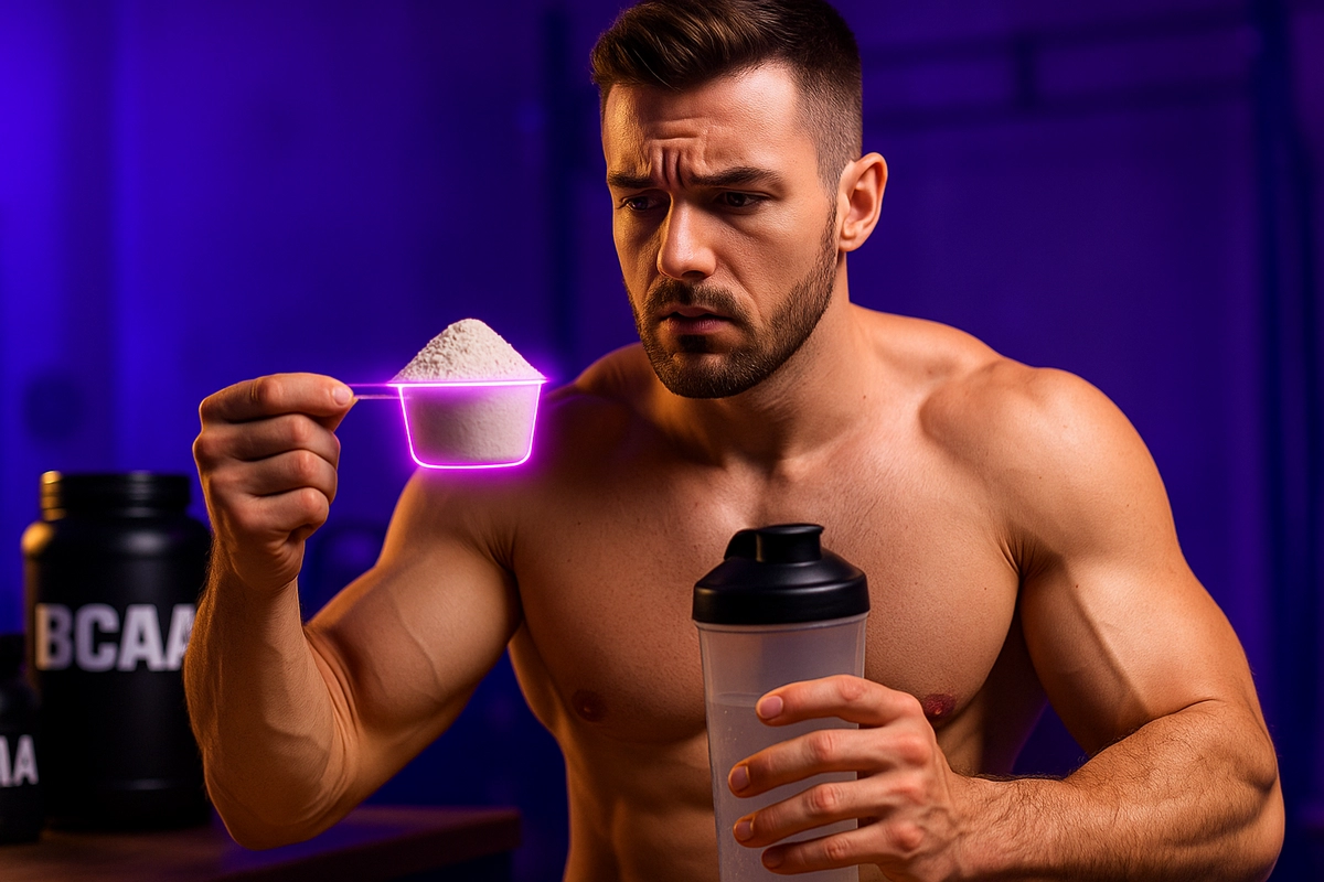 BCAA supplement container with neon thumbs up and down in gym background