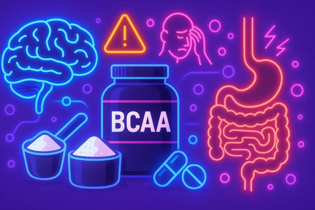 Scientific graphic showing BCAA effects on brain and gut
