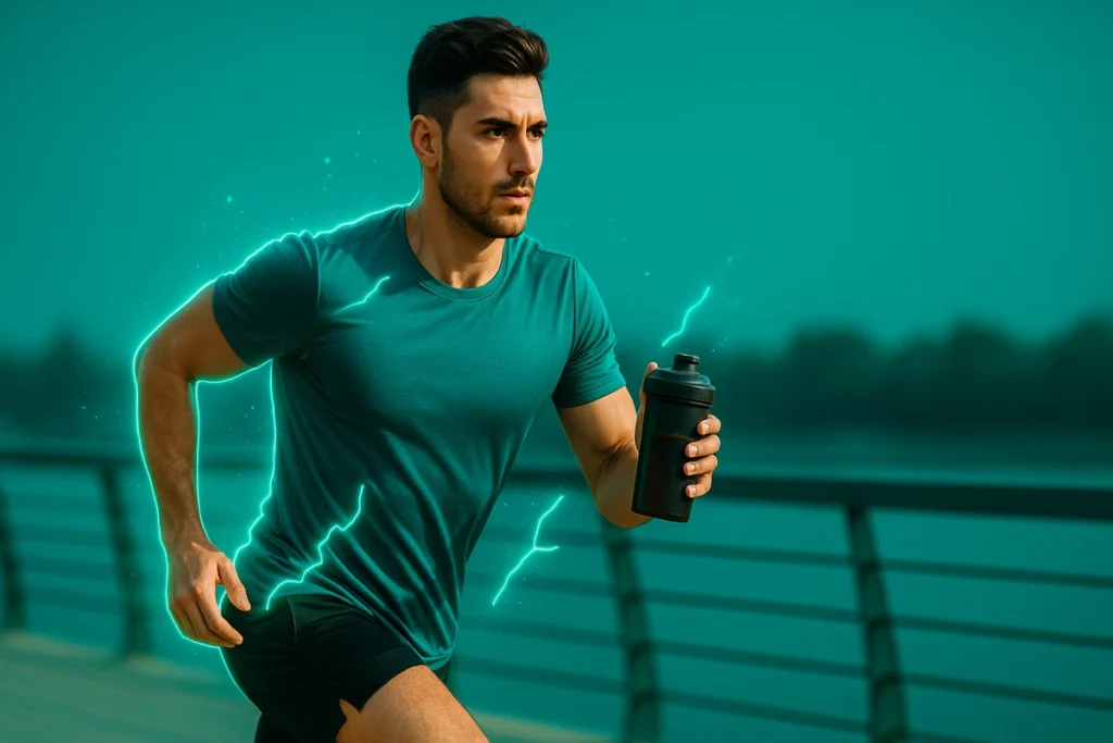 Athlete running fasted with EAA benefits highlighted visually