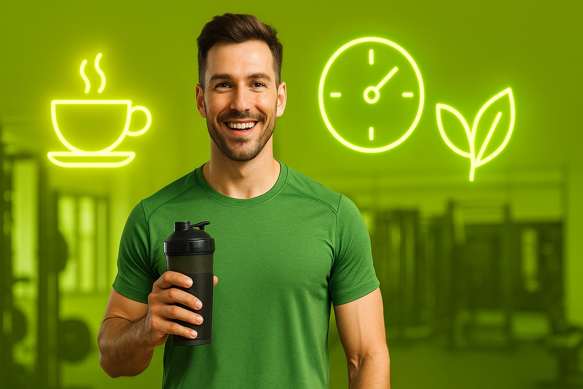fitness coach holding caffeine supplement in gym with smooth energy vibe