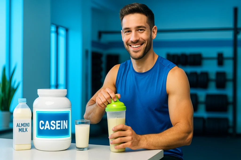 man making casein shake with almond milk in gym kitchen