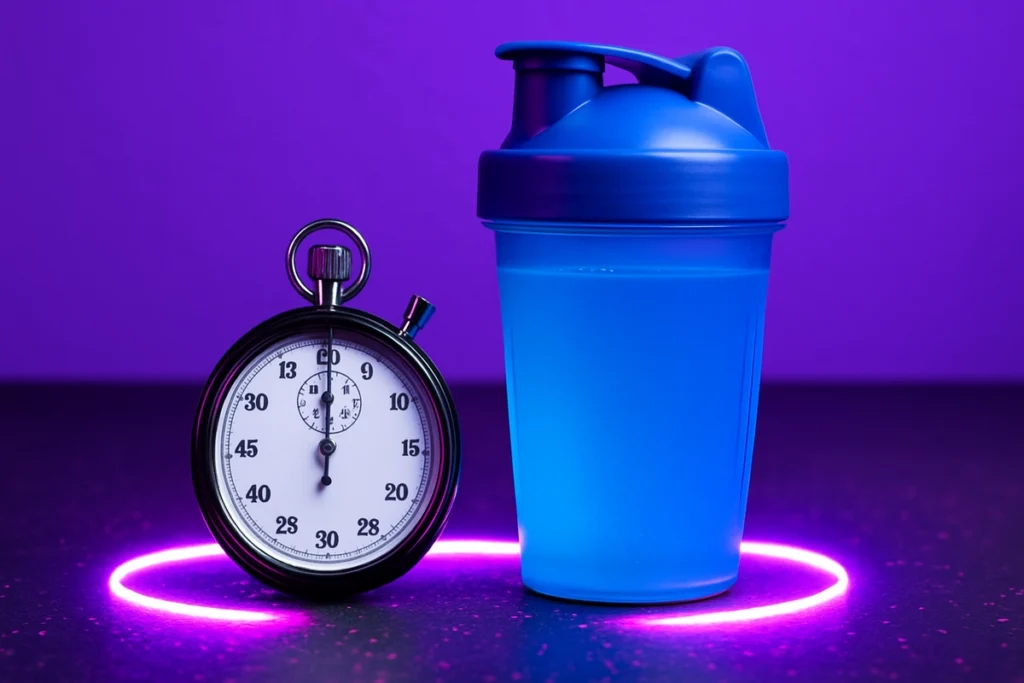 Stopwatch next to shaker showing best time to take EAAs
