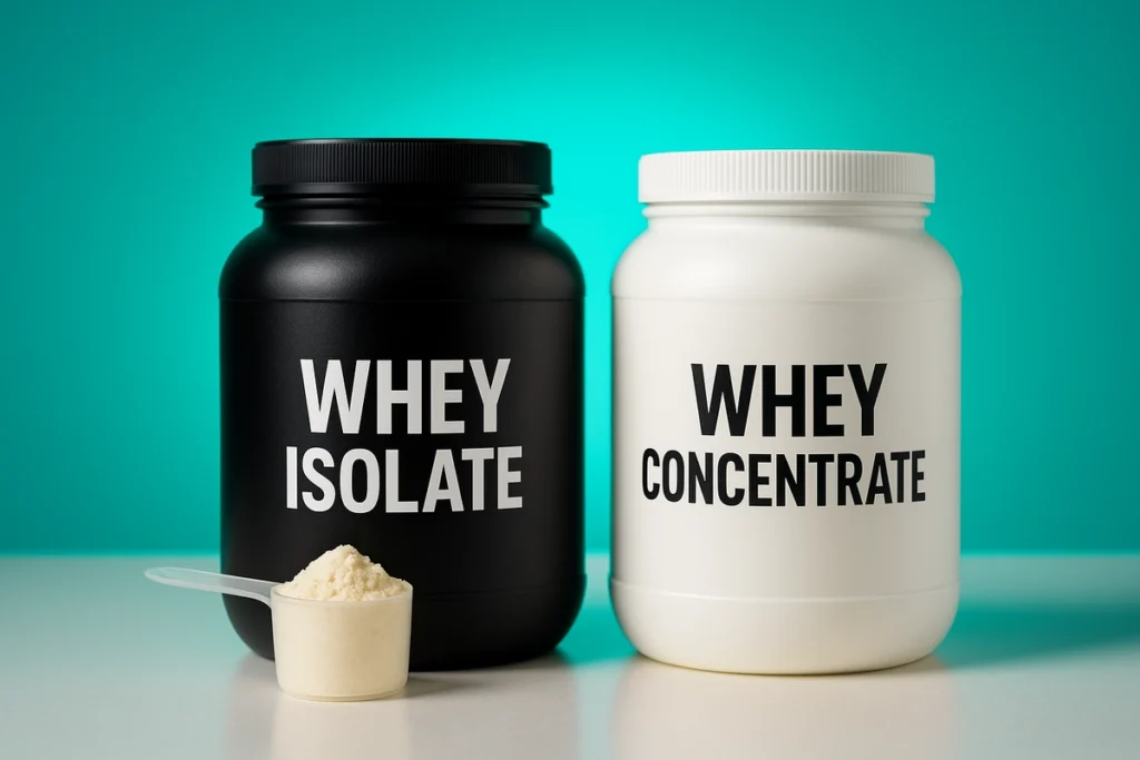 Whey isolate vs concentrate protein tubs on kitchen counter