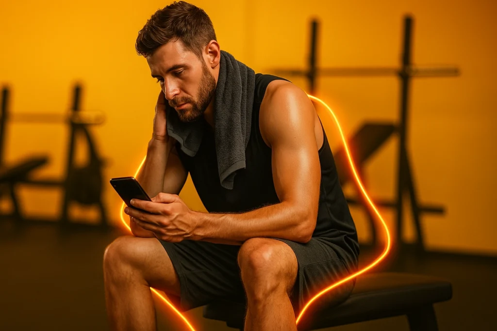 Athlete resting with a performance chart on phone and fading energy lines
