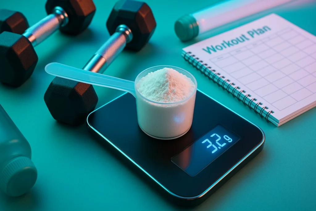 Scoop of beta-alanine powder on a digital scale showing beginner dosage