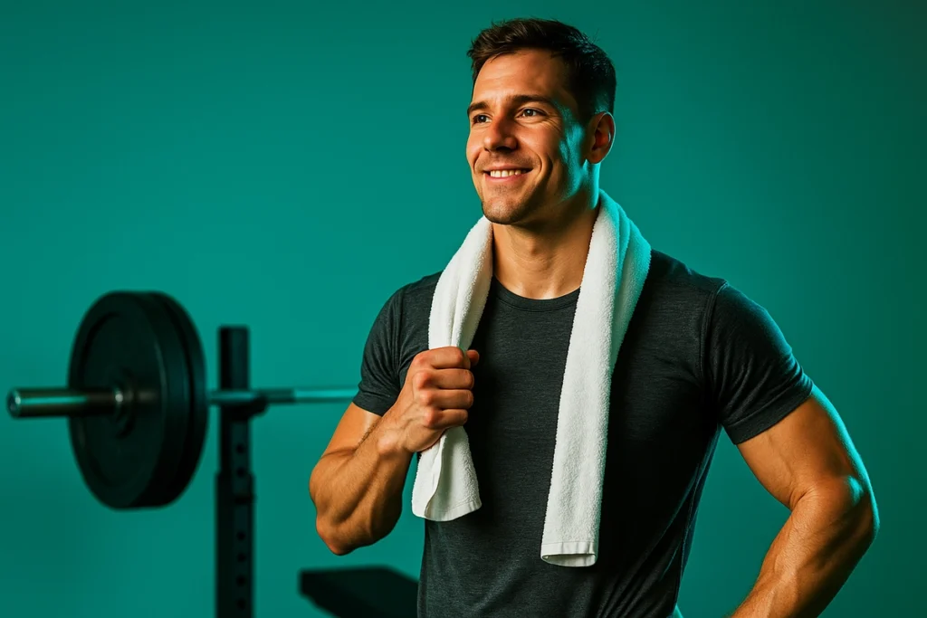 Confident beginner after training, showing progress using beta-alanine supplement