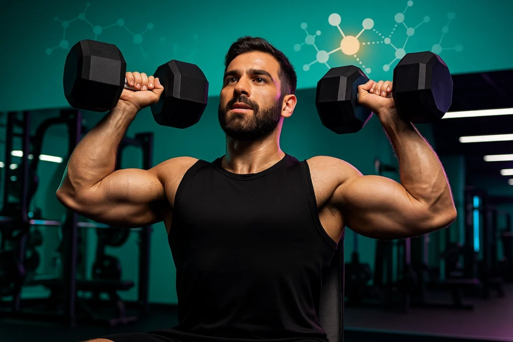 New lifter training hard with scientific graphic showing beta-alanine benefits