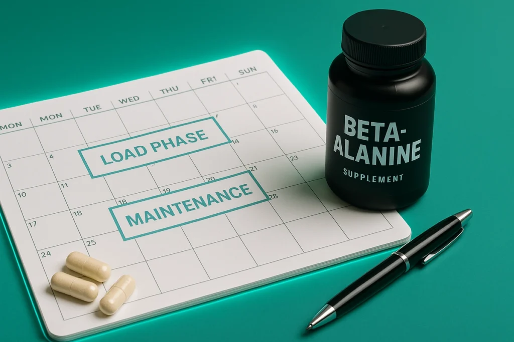 Calendar showing beta-alanine cycling phases with supplement container